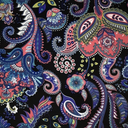 Paisley Floral Black/Coral/Teal DTY Fabric