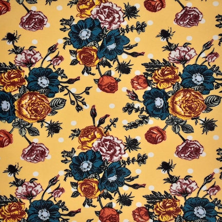 Multi Floral Polka Blue/Burgundy/Yellow Liverpool Fabric