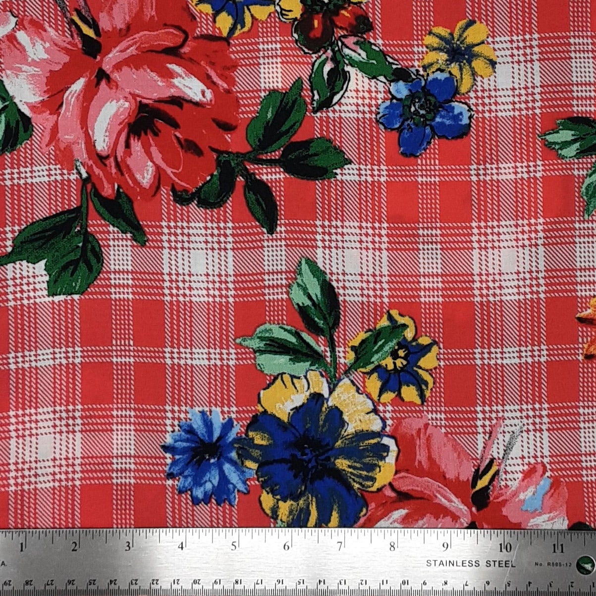 Plaid Floral Red/Blue/Green Rayon Challis