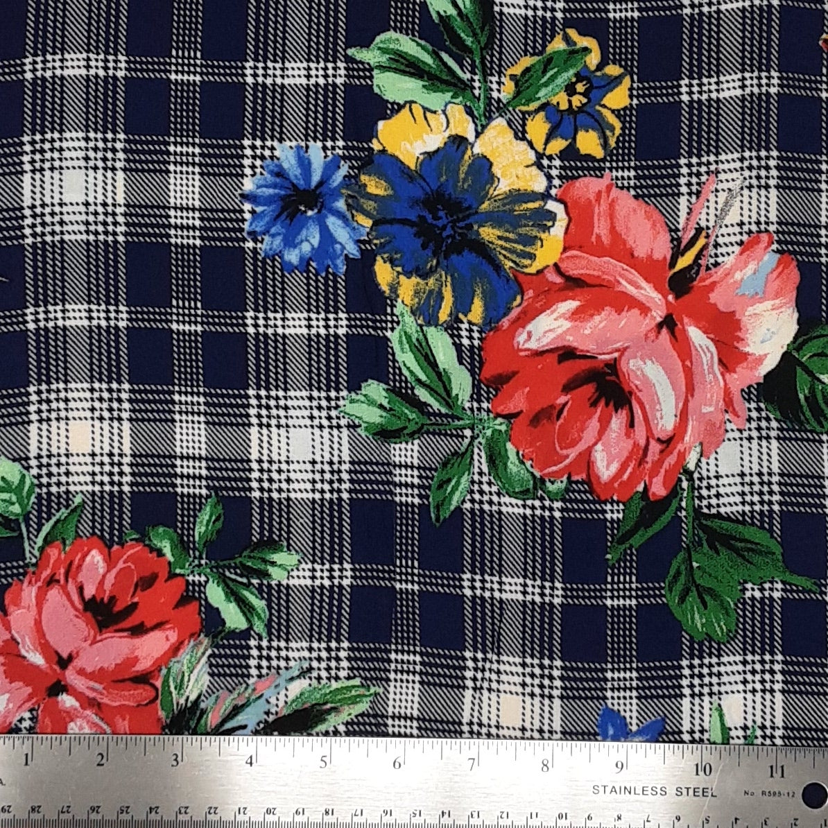Plaid Floral Red/Blue/Navy Rayon Challis