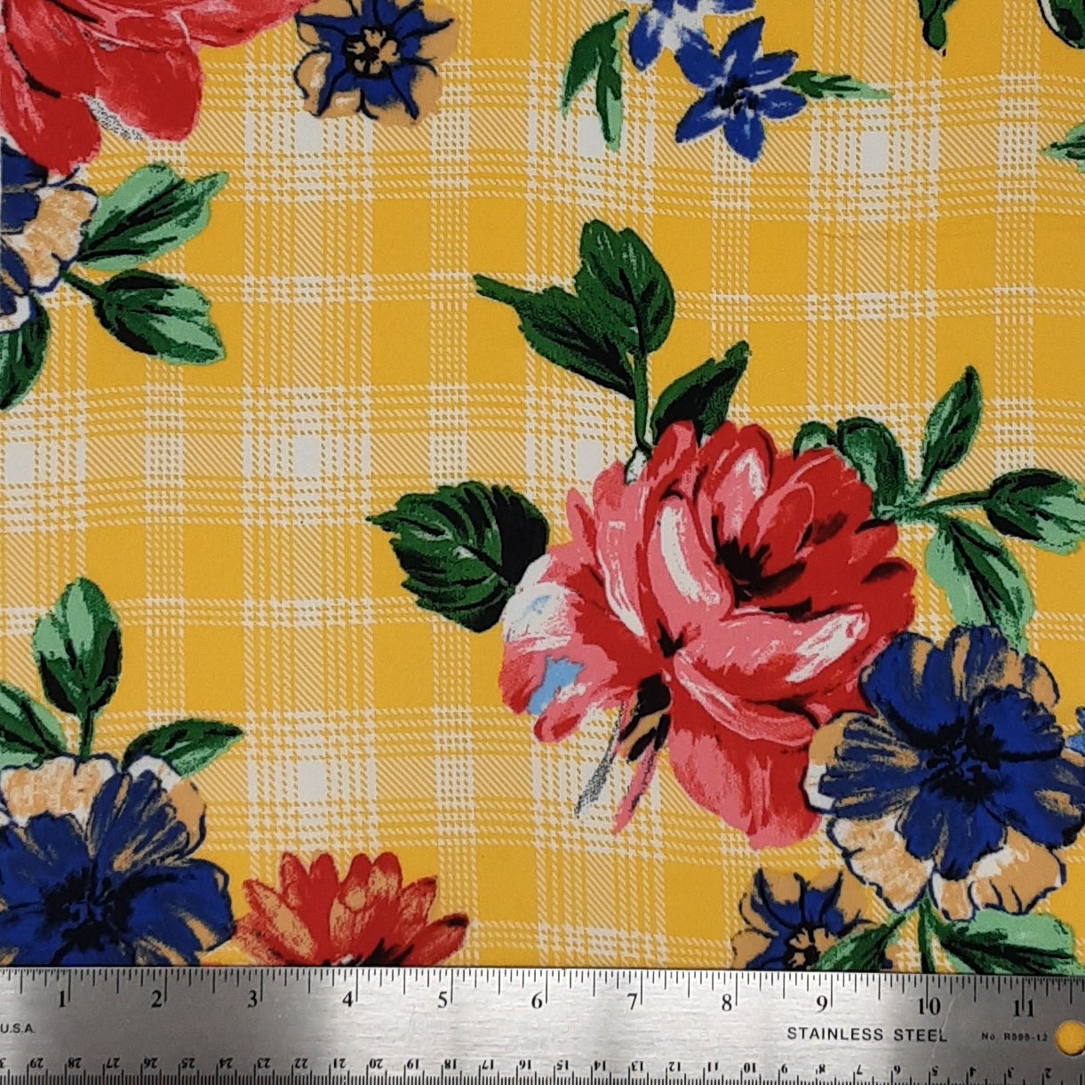 Plaid Floral Red/Blue/Yellow Rayon Challis