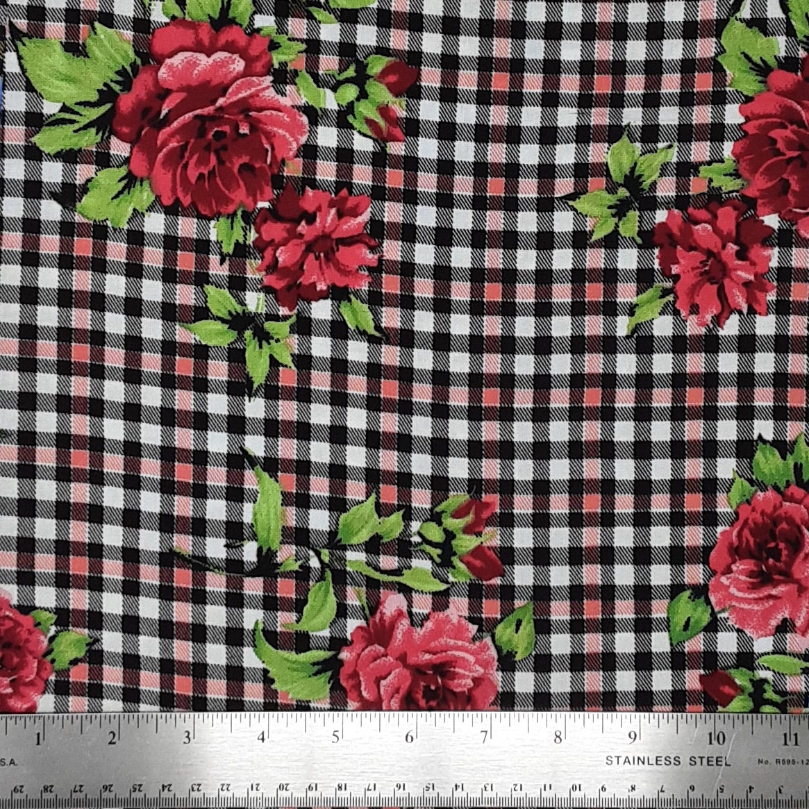 Small Plaid Floral Black/Green/Red Rayon Challis