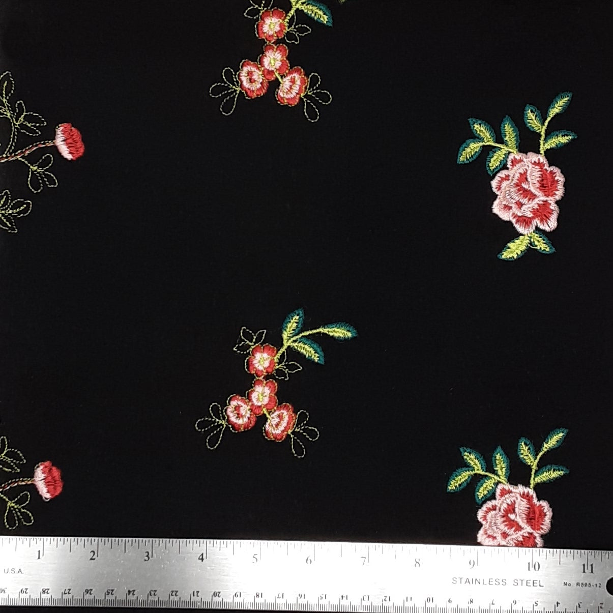 Embroidered Floral Black/Pink Rayon Challis