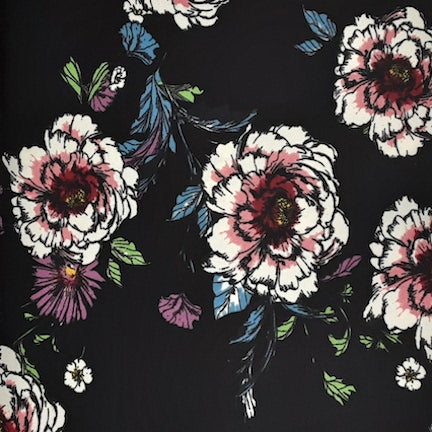 Artsy Roses Black/Rose/White Techno Crepe Fabric