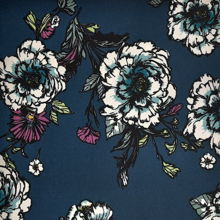 Artsy Roses Teal/Wine/White Techno Crepe Fabric