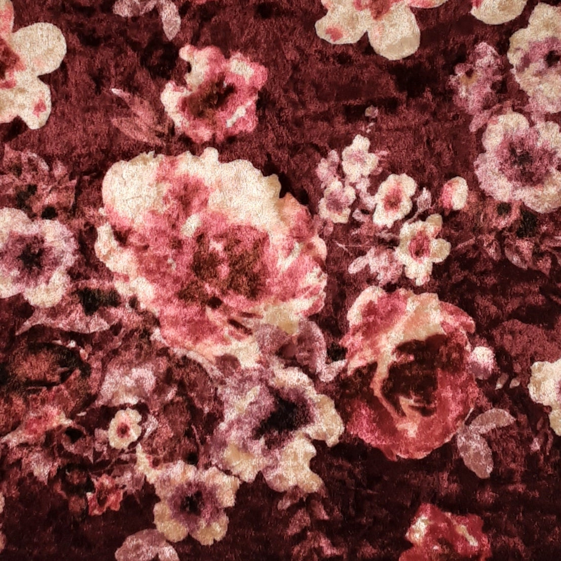Multi Floral Burgundy Crushed Velvet Print