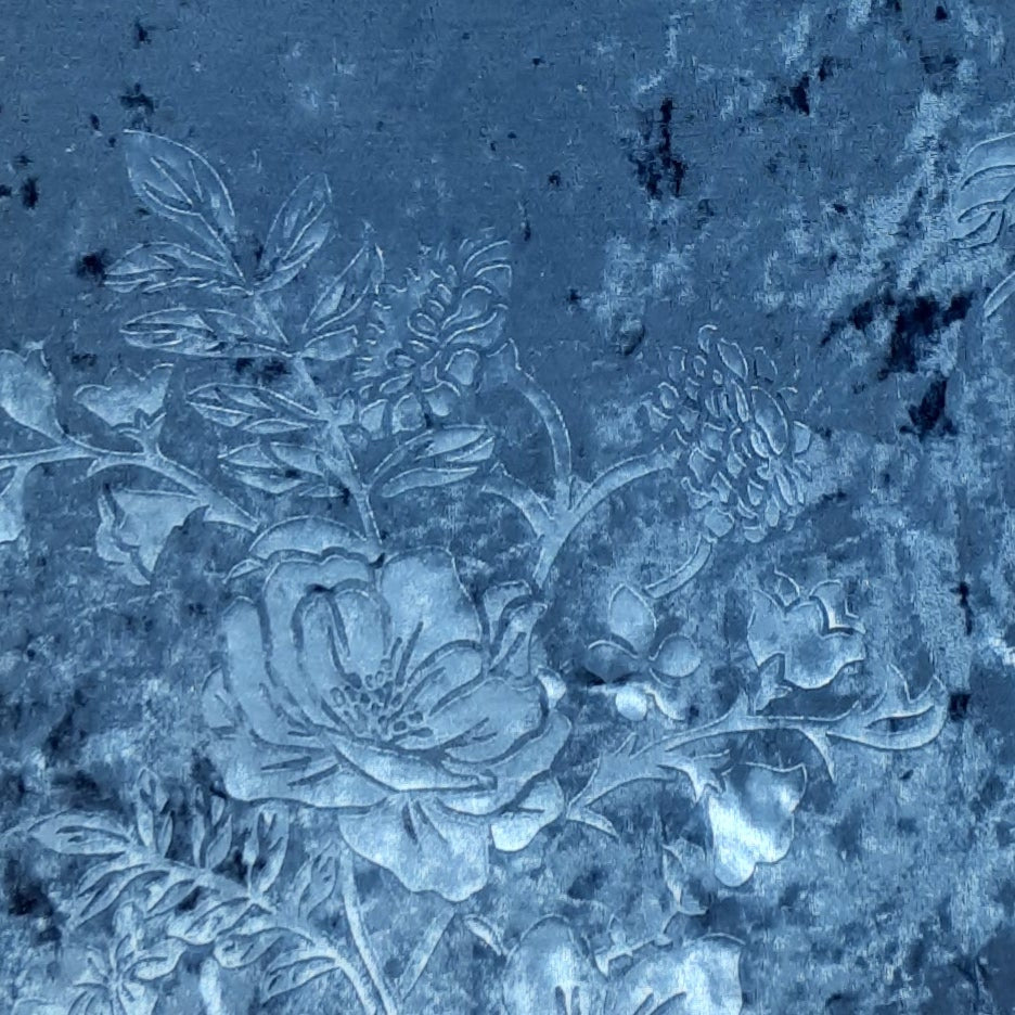 Teal Blue Floral Crushed Embossed Velvet Print