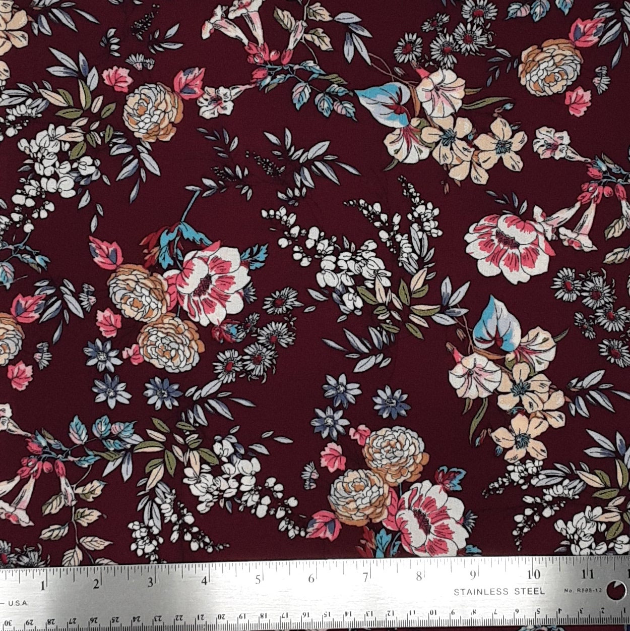 Multi Floral Burgundy/Grey/Rose Rayon Challis