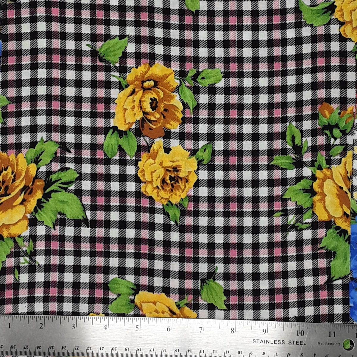 Small Plaid Floral Black/Green/Yellow Rayon Challis
