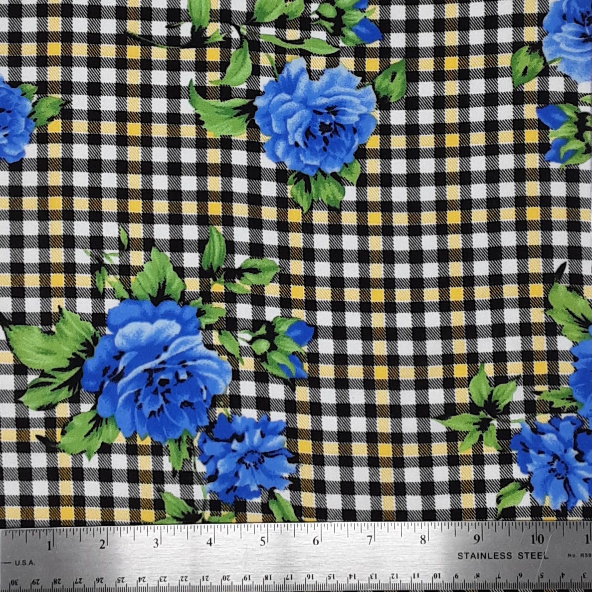 Small Plaid Floral Black/Green/Blue Rayon Challis