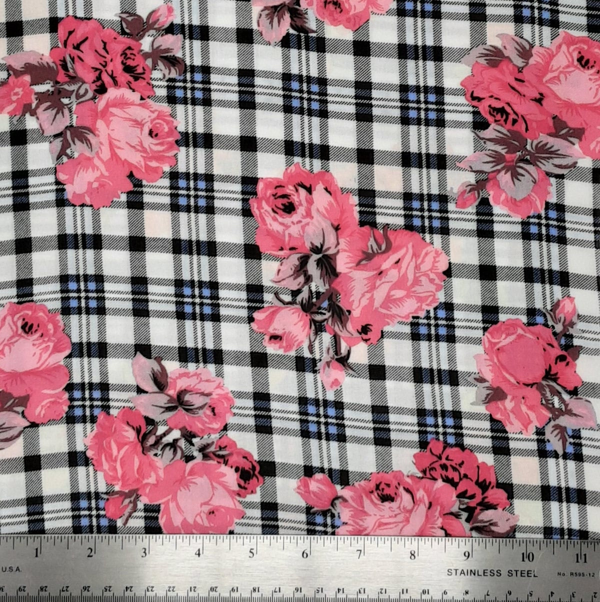 Plaid Floral Black/White/Pink Rayon Challis
