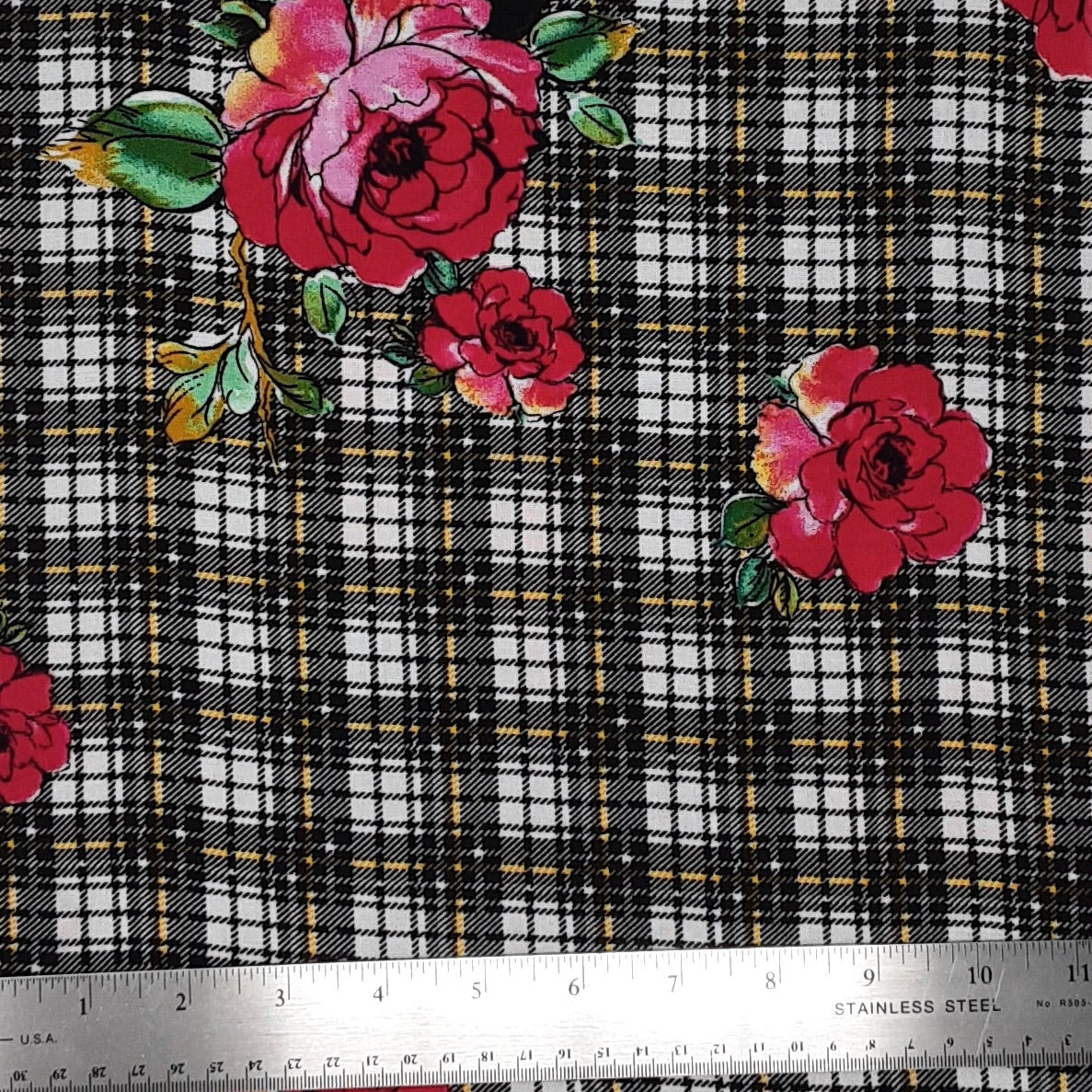 Big Plaid Floral Black/White/Red Rayon Challis