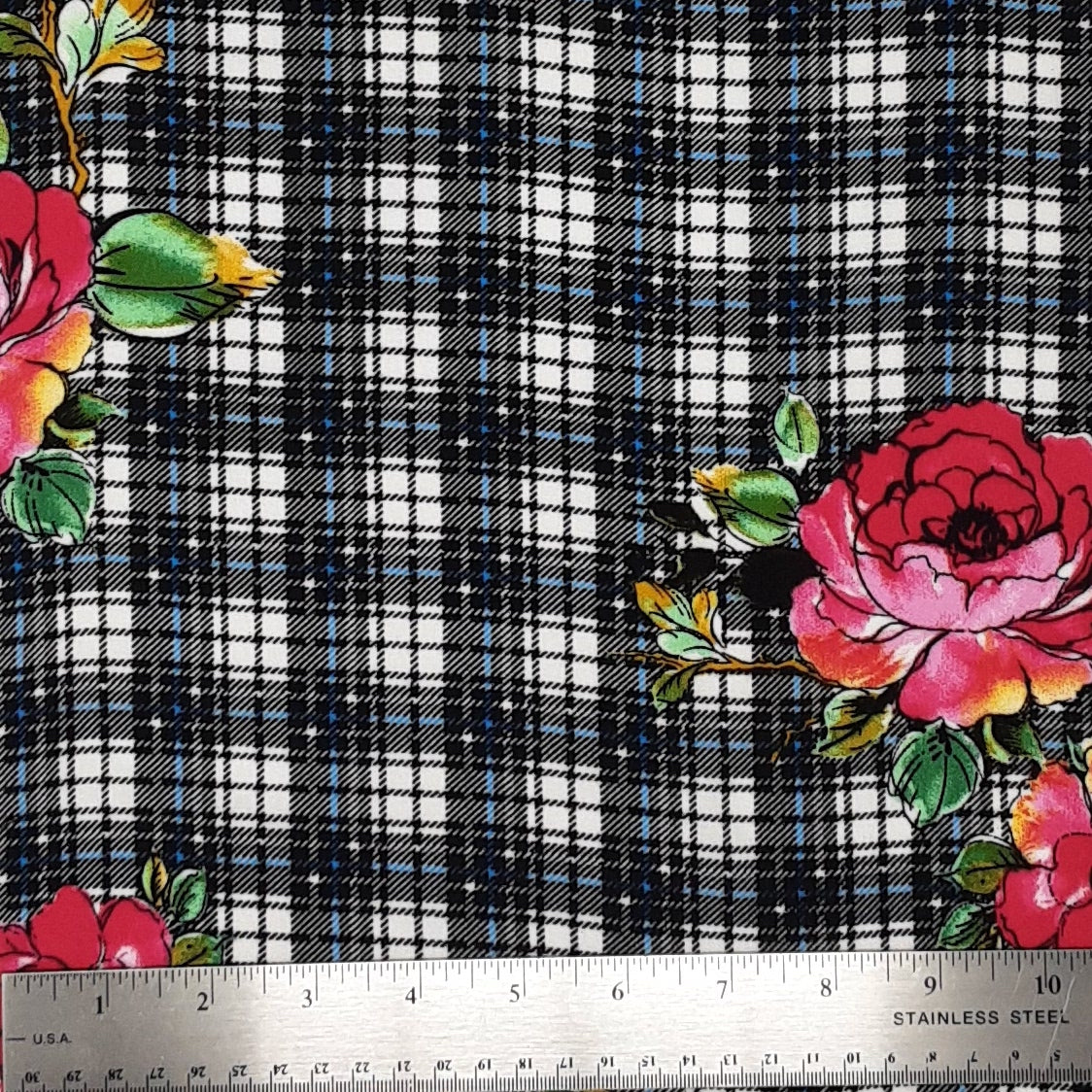 Big Plaid Floral Black/Red/Blue Rayon Challis