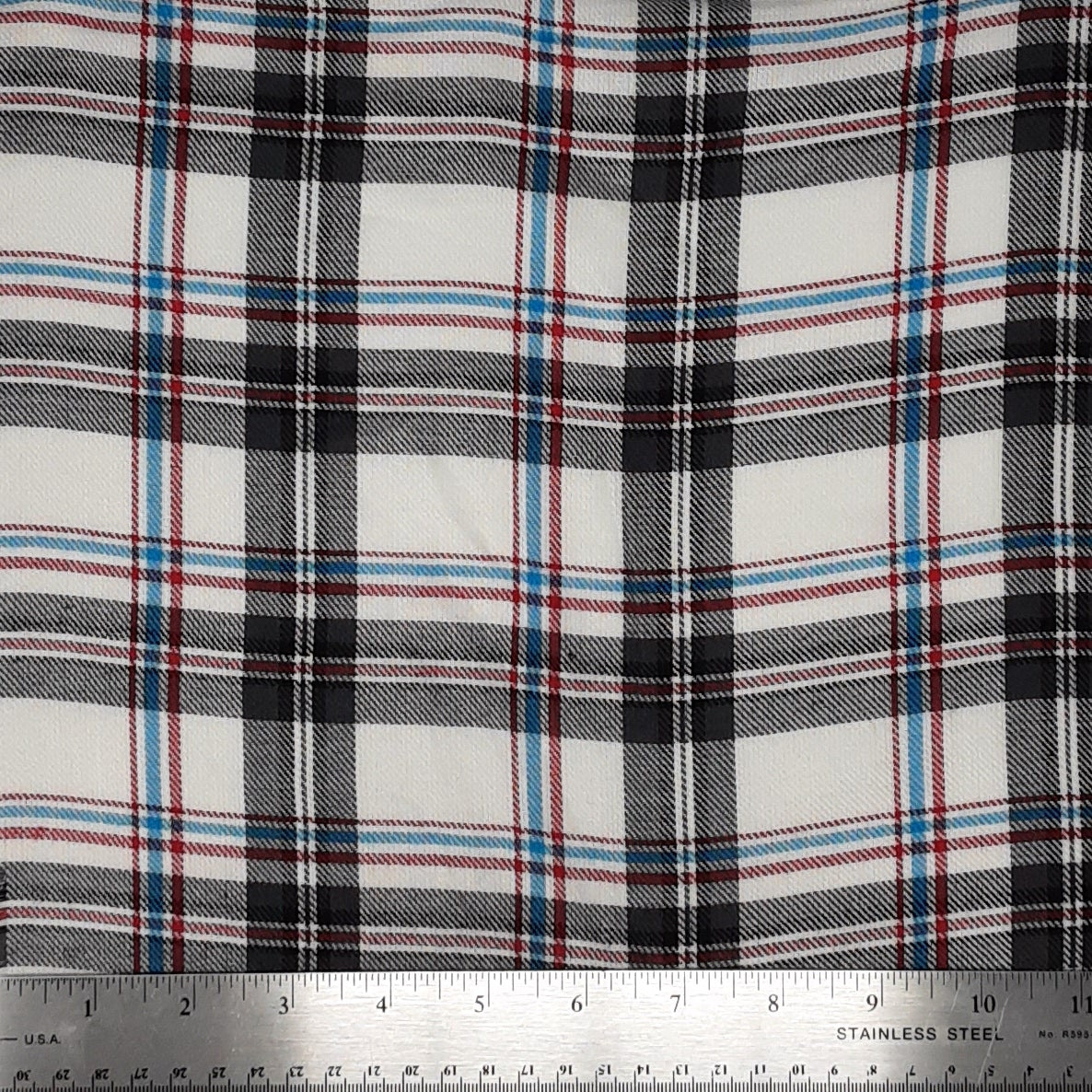 Tartan Plaid Black/White/Blue Rayon Challis