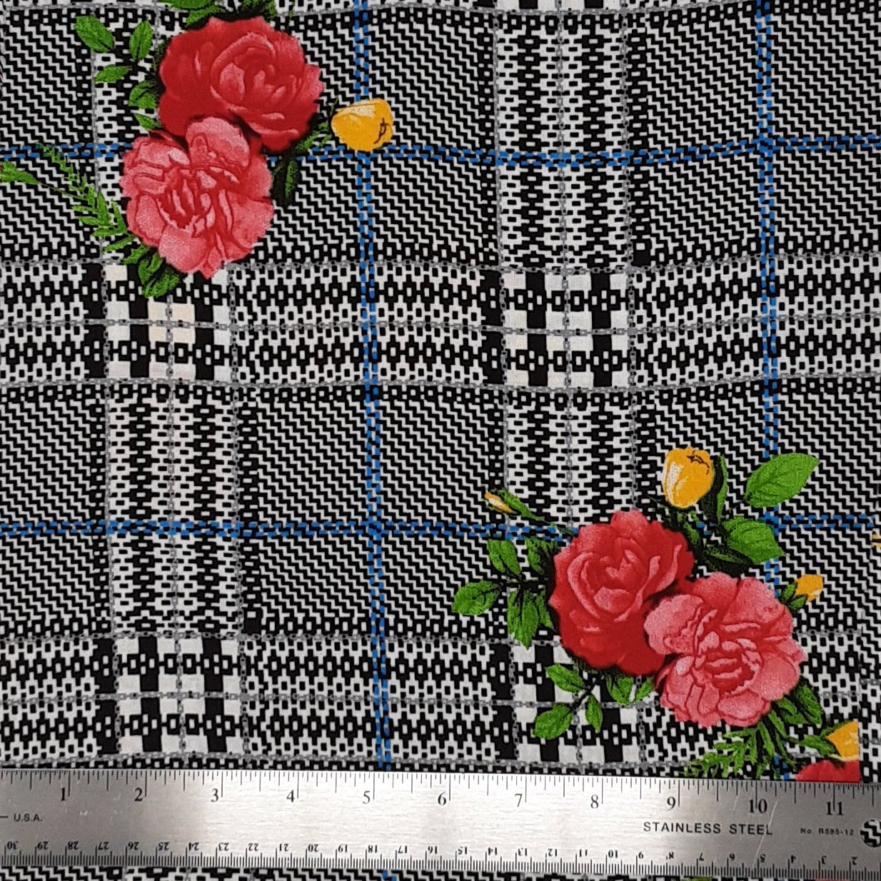 Plaid Floral Black/White/Blue Rayon Challis