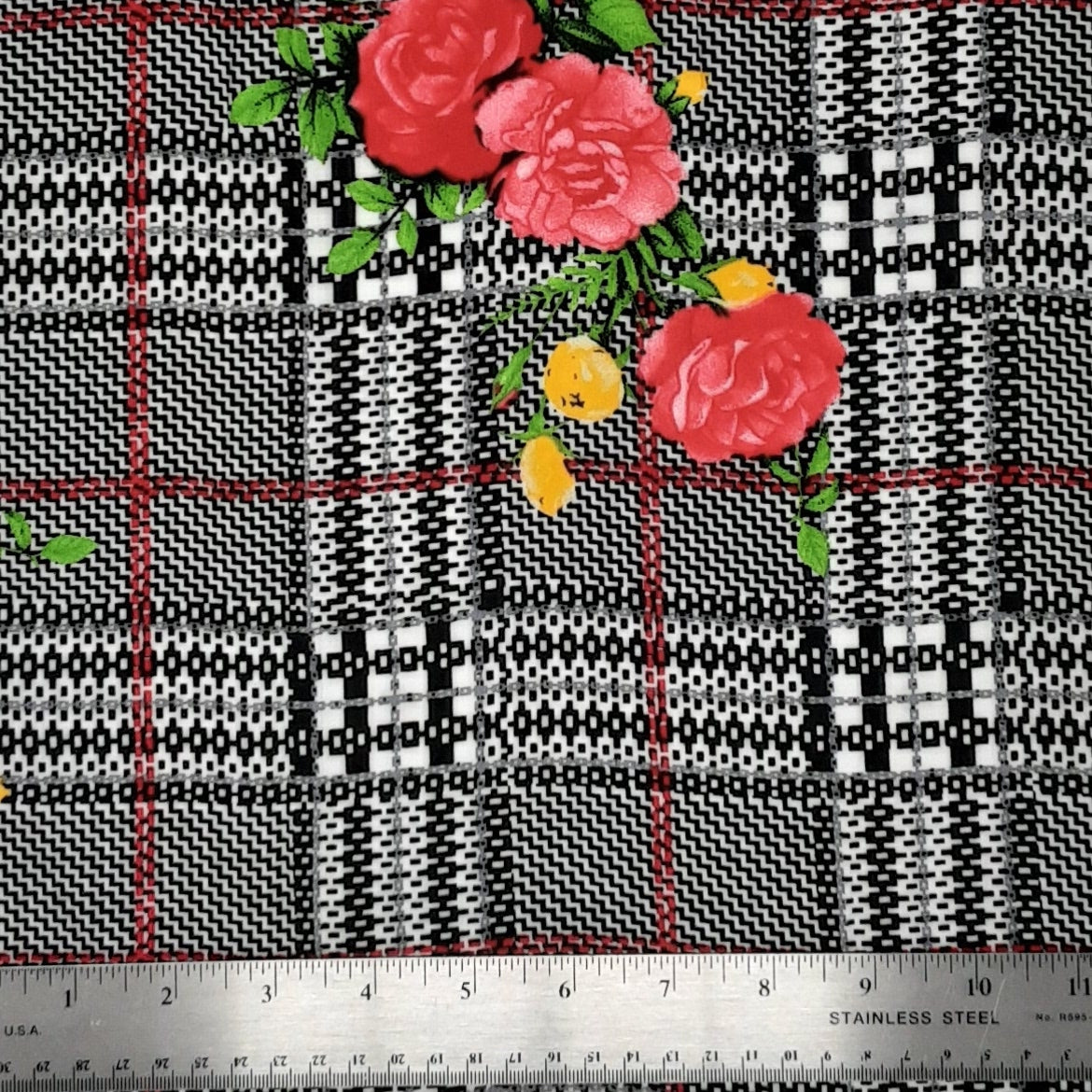 Plaid Floral Black/White/Red Rayon Challis