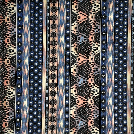 Ethnic Tribal Stripe Denim Blue/Peach/Black Techno Crepe 
