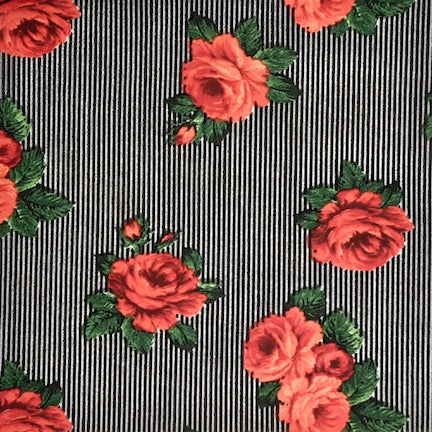 Striped Floral Coral/Red/Black/White Techno Crepe Fabric